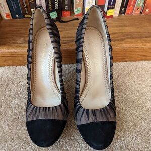 JEAN-MICHEL cazabat horn stilleto heel suede cap toe black mesh overlay  sz 38.5